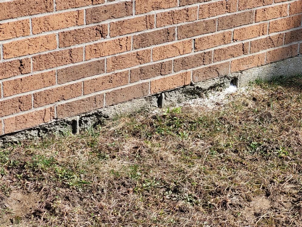 Picture shows crumbling concrete block at foundation wall